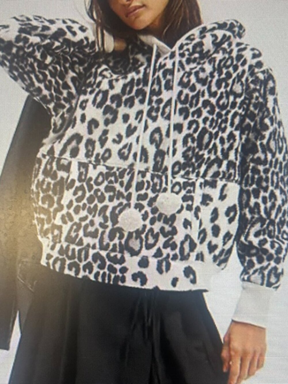 Free People "With Love" Snow Leopard Lush Fleece Pom Pom Adjustable Hoodie NEW